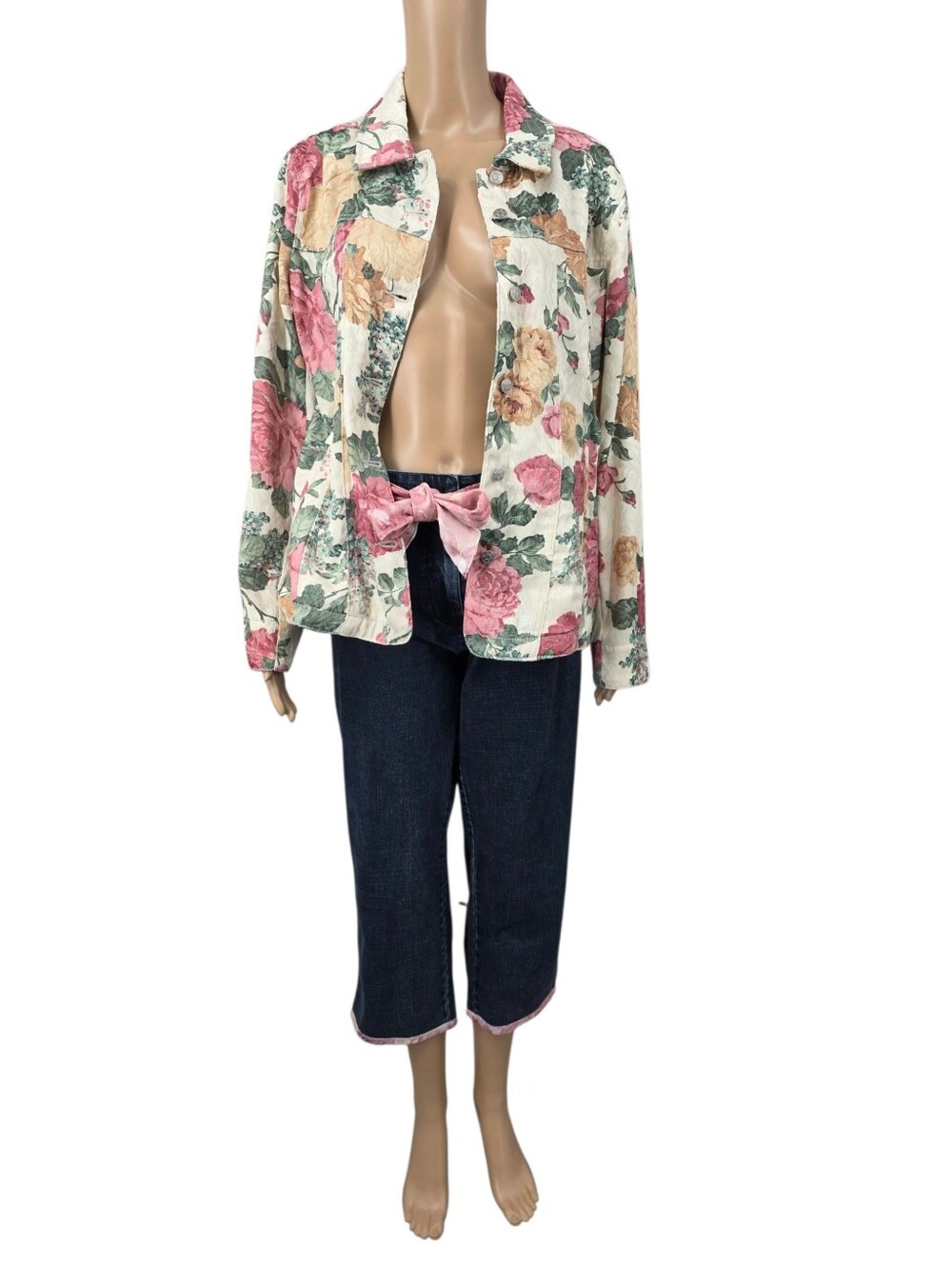Cervelle Vintage Floral Jacquard Women’s Jacket & Cropped Jeans Matching Set